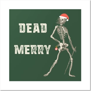 "Dead Merry" - sardonic holiday skeleton with festive Santa hat and bauble (light text) Posters and Art